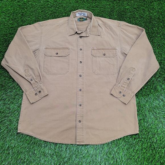 Vintage 90s Cabelas Canvas Button Shirt L/LT 25x31 Brown Utility - Picture 1 of 14